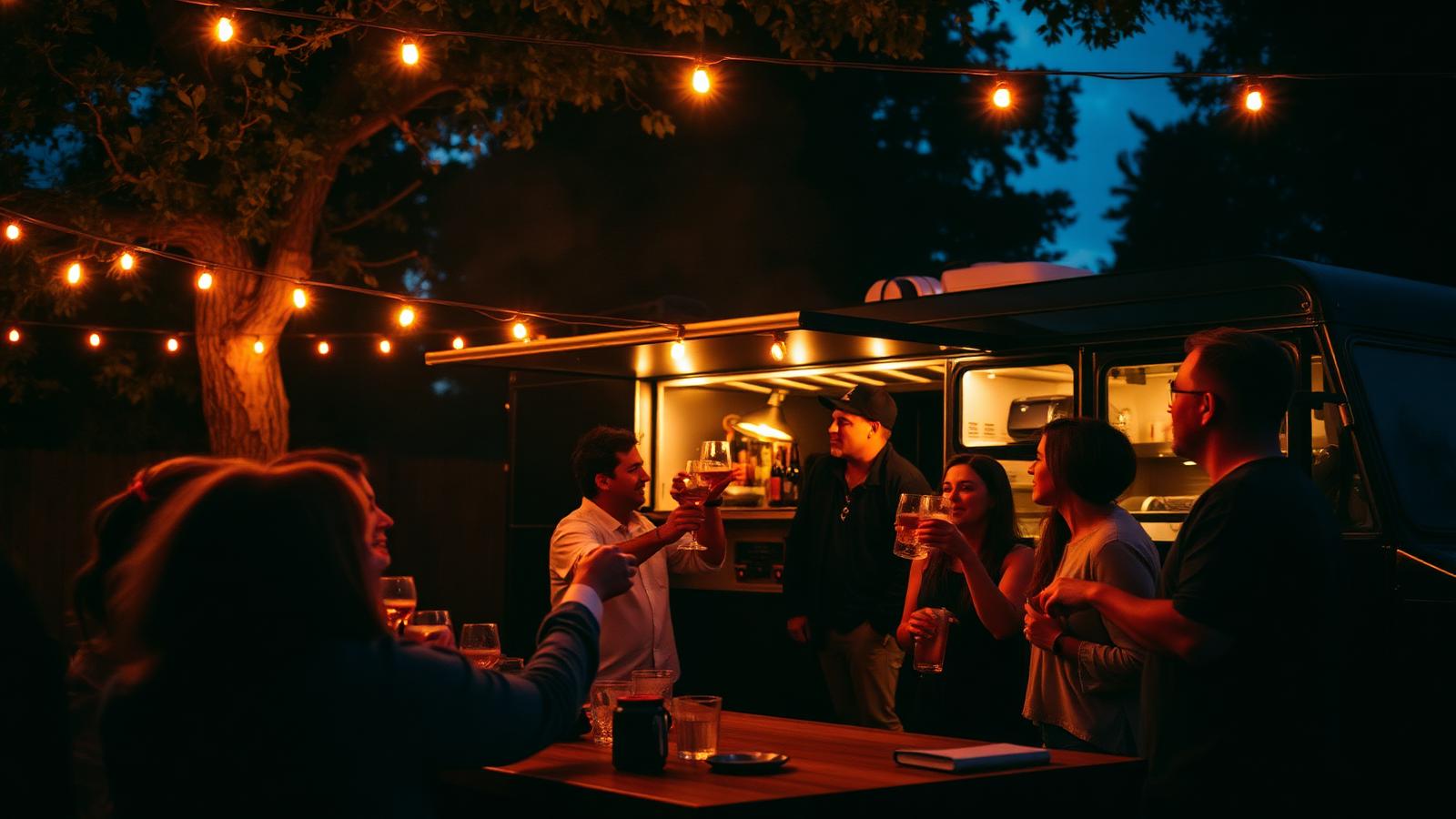 Guests toasting cocktails at the Hickory & Soul BBQ truck under string lights